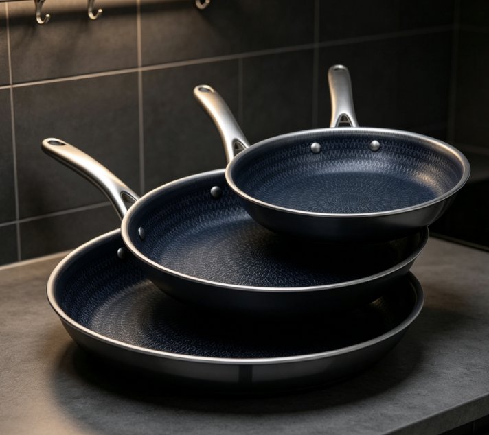 Hybrid Tri-Ply Stainless Steel Frying Pan, Blue Interior Set