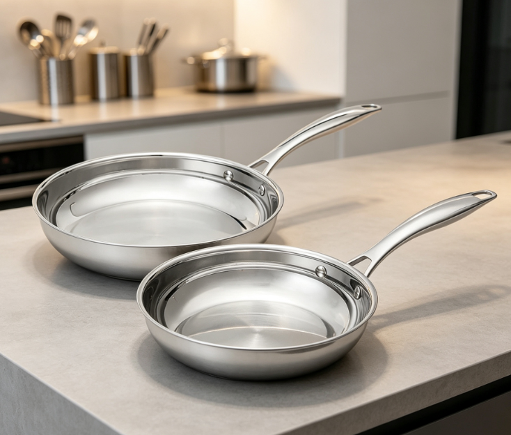 Stainless Steel Frying Pan 2-Piece Set, Even Heat Distribution For Induction